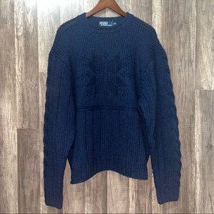 Women's VNTG Polo Ralph Lauren XXL Blue Hand Thick Knit Wool Snow Flake Sweater